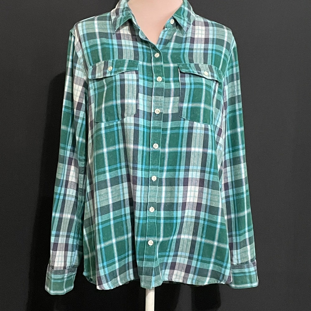 Mossimo Supply Co Button Down Womens XL Green Teal Plaid Good Long Sleeve Shirt